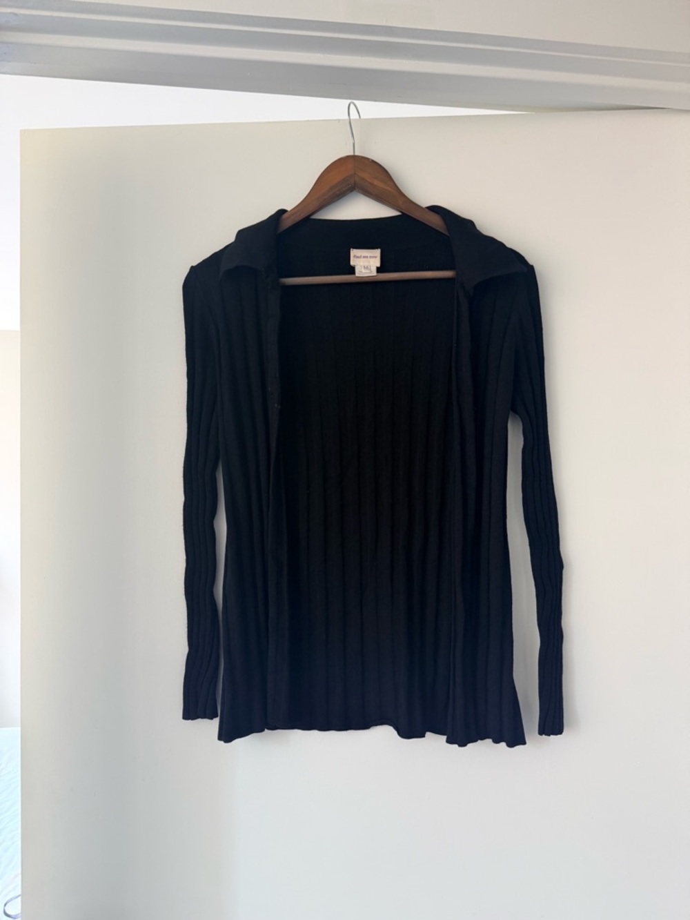 Black Ribbed Open-Front Cardigan with Collar - Women